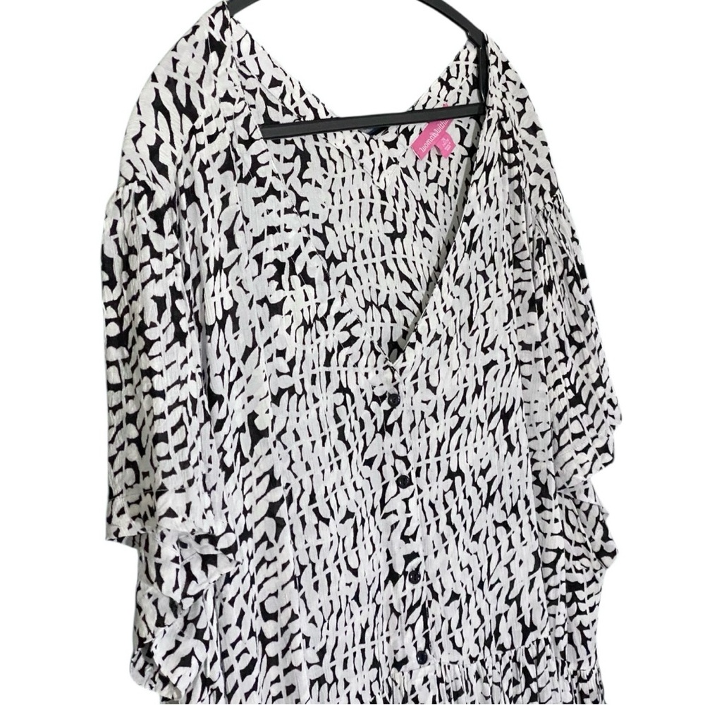 Woman Within Babydoll Dress Button Front 2X Black White Flowy Beachy Vacation - Picture 7 of 10
